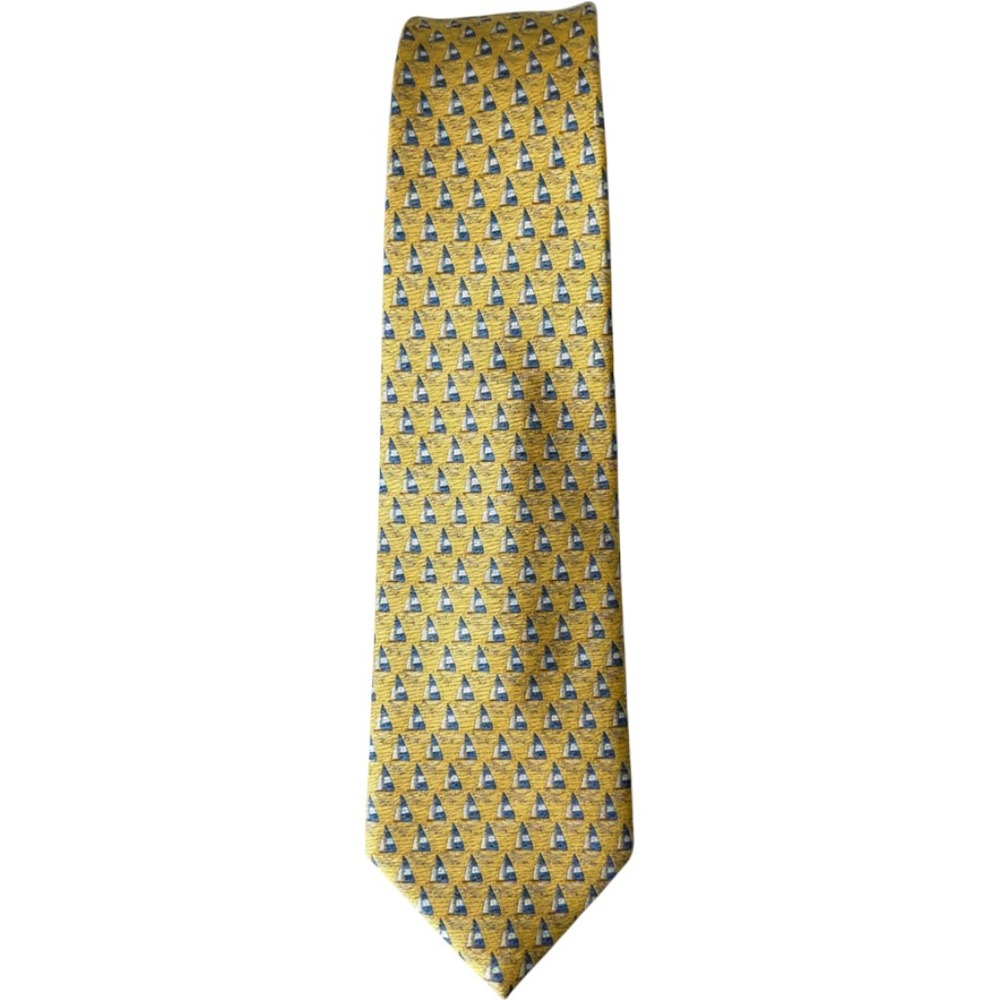 Tommy Hilfiger Mens Yellow‎ Silk Sailboat Nautical Seagull Print Tie Made in USA